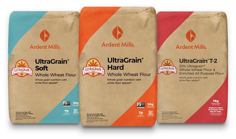 Ardent Mills UltraGrain® Soft, UltraGrain® Hard and UltraGrain® T-2 flour bags.